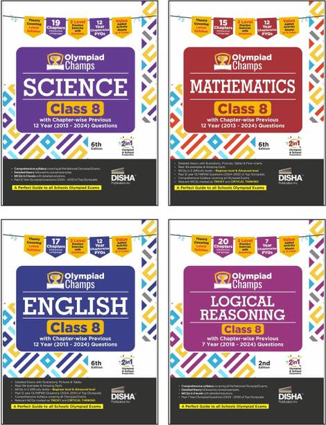 Disha Combo Class 8 (set of 4 books) Olympiad Champs Science, Mathematics, English & Logical Reasoning with Chapter-wise Previous 12 Year (2013 - 2024) Questions | 2026 Exam