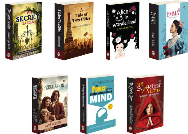 Dive into a collection of timeless stories that explore love, adventure, personal growth, and self-discovery with this must-have set of seven classic novels: Persuasion, Emma, A Tale of Two Cities, The Scarlet Letter, Alice in Wonderland, The Power of Your Subconscious Mind, and The Secret Garden. This exceptional combo offers a mix of romance, adventure, philosophy, and practical wisdom, making it a perfect addition to any bookshelf. Persuasion by Jane Austen presents a heartwarming tale of second chances and enduring love, while Emma offers wit and romance as the clever Emma Woodhouse learns the complexities of relationships. A Tale of Two Cities by Charles Dickens takes readers through the turmoil of the French Revolution, highlighting themes of sacrifice, loyalty, and redemption. The Scarlet Letter by Nathaniel Hawthorne explores the depths of sin, guilt, and societal judgment. Alice in Wonderland by Lewis Carroll is a whimsical adventure that sparks the imagination, while The Power of Your Subconscious Mind by Joseph Murphy provides valuable insights on harnessing the mind’s power for personal transformation. The Secret Garden by Frances Hodgson Burnett is a heartwarming story of healing and growth, both for individuals and the world around them. Presented by GOWOO, this collection comes in a compact 7.85” x 5” size, perfect for reading and display. Whether you're exploring romance, adventure, philosophy, or personal growth, this set offers an enriching experience for every reader.