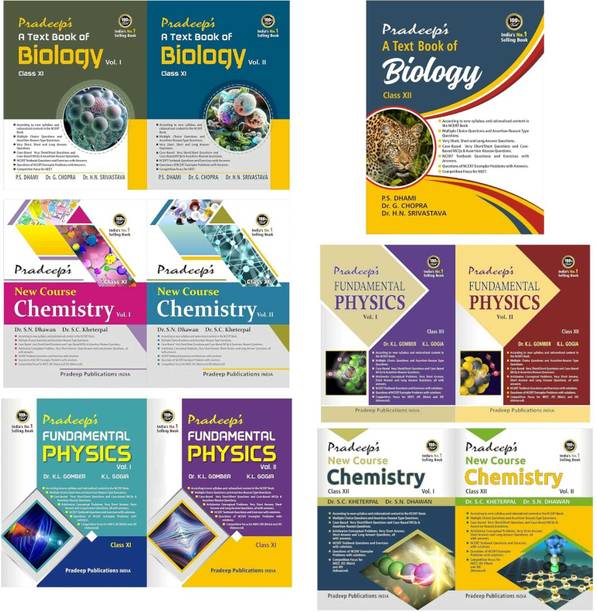 Books of Class 11+12(Pradeep’s A Text Book of Biology + New Course Chemistry + Fundamental physics Examination 2024/25
