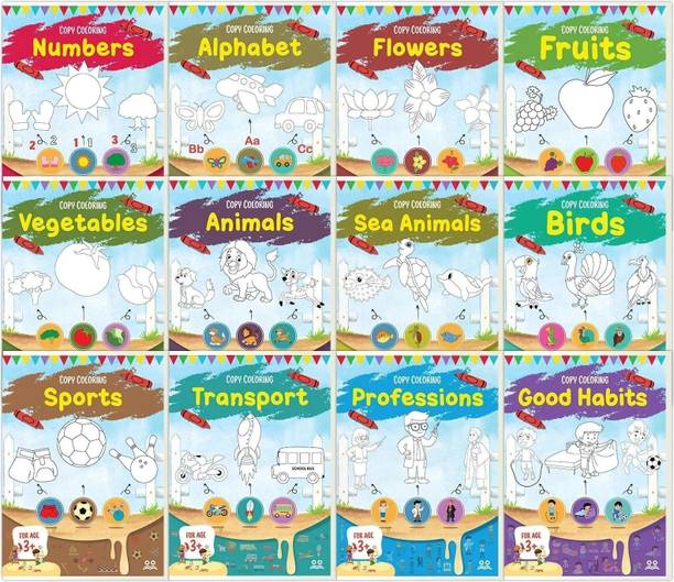 Colouring Book For Kids  - 12 Copy Colouring Books Set For Kids Numbers, Alphabet, Animals, Fruits, Flowers & More | Activity Book for Kids & Coloring Book for Children (Age 3+) | Two Brothers Publications