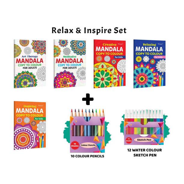 Art Therapy, Meditative, Creative – Mandala Copy to Colour for Adults & Kids and more with 12 Water Colour Sketch Pens and 10 Colour Pencils :- artistic mandala colouring book | Set of 5 Books