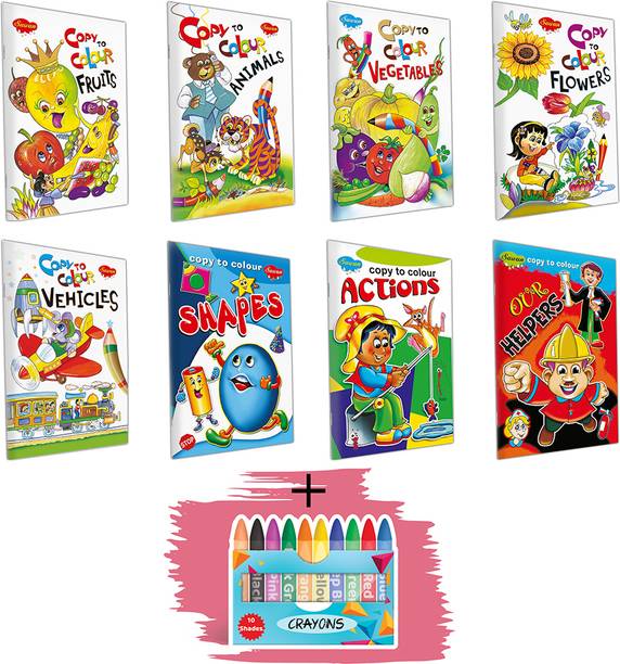 Copy to Colour Fruits, Animals,Vegetables, Flowers,Vehicles, Shapes,Actions, Our Helpers, 10 WAX CRAYONS