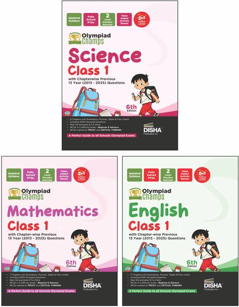 Disha Combo Class 1 (set of 3 books) Olympiad Champs Science, Mathematics, English & Logical Reasoning with Chapter-wise Previous 13 Year (2013 - 2025) Questions 6th Edition