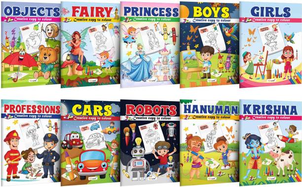 Objects, Fairy, Princess, Boys, Girl, Professions, Cars, Robot, Hanuman and Krishna - Creative Copy to Colour book : Kids Colouring Book, Fun Coloring Book for Toddlers, Copy to Colour Book for Ages 3-12 | Pack of 10 Copy Colouring books
