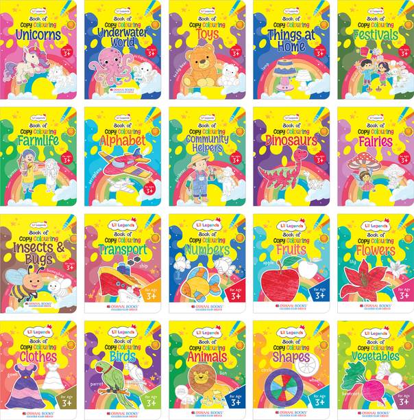 Lil Legends Books Of Copy Colouring Set of 20 Books for Kids | Alphabet, Numbers, Animals, Toys, Fairies & More | Fun Activities and Vocabulary Booster | For LKG/UKG | Age 3+