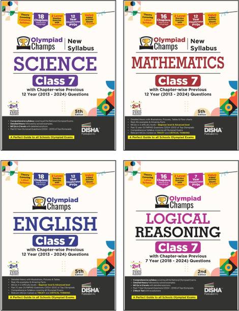 Disha Combo (4 books) Olympiad Champs Class 7 Science, Mathematics, English & Logical Reasoning with Chapter-wise Previous 12 Year (2013 - 2024) Questions | 2026 Exam