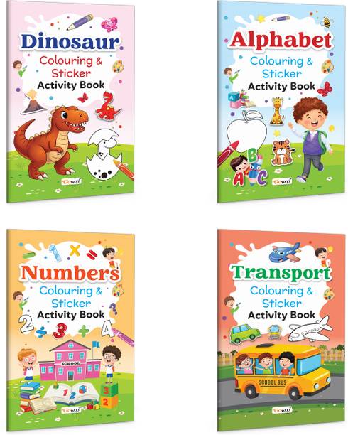 Alphabet, Dinosaur and Transport – Colouring & Sticker Activity Book and more :- fun alphabet tracing workbook, creative dinosaur sticker activities | Pack of 4
