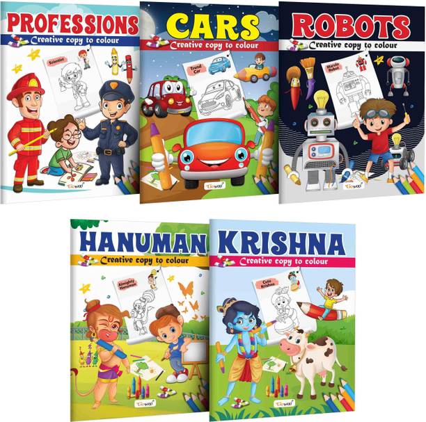 Professions, Cars, Robot, Hanuman and Krishna - Creative Copy to Colour book : Kids Art and Colouring Book, Easy Coloring Book for Young Learners, Copy colouring book for Ages 3-12 | Pack of 5 Copy Colouring books