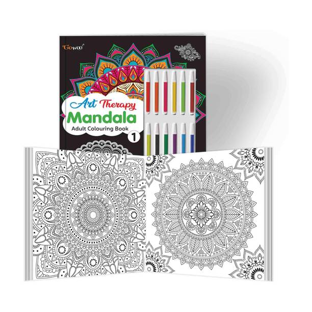 Stress Relief Mandalas :- Art Therapy Mandala Adult Colouring Book 1 : Coloring Book with 12 Colorful Sketch Pens and Tear-Out Pages, Offering a Calm and Enjoyable Relaxation and Mindfulness
