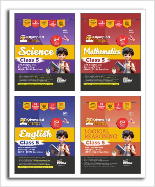 Disha Combo Class 5 (set of 4 books) Olympiad Champs Science, Mathematics, English & Logical Reasoning with Chapter-wise Previous 12 Year (2013 - 2024) Questions