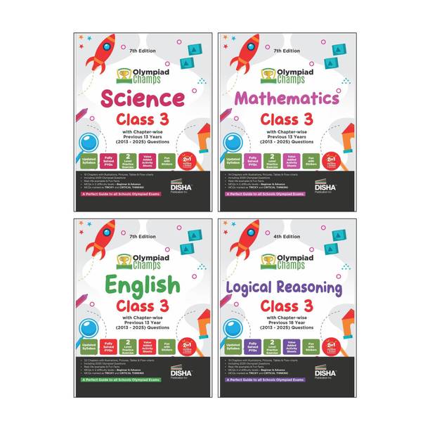 Disha Combo Class 3 (set of 4 books) Olympiad Champs Science, Mathematics, English & Logical Reasoning with Chapter-wise Previous 13 Year (2013 - 2025) Questions 2nd Edition | 2026 - 27 Exam