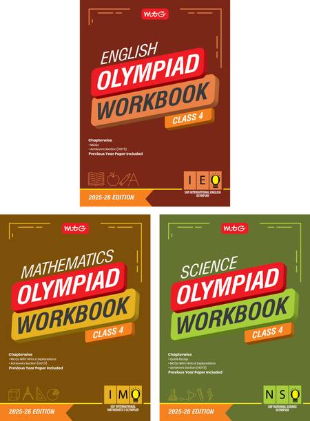 MTG क्लास-4 NSO-IMO-IEO (साइंस, मैथमैटिक्स एंड इंग्लिश) ओलंपियाड वर्कबुक कॉम्बो (सेट ऑफ 3 बुक्स) | MCQs, एंड अचीवर्स सेक्शन - SOF ओलंपियाड बुक्स फॉर 2025-26 एग्ज़ाम