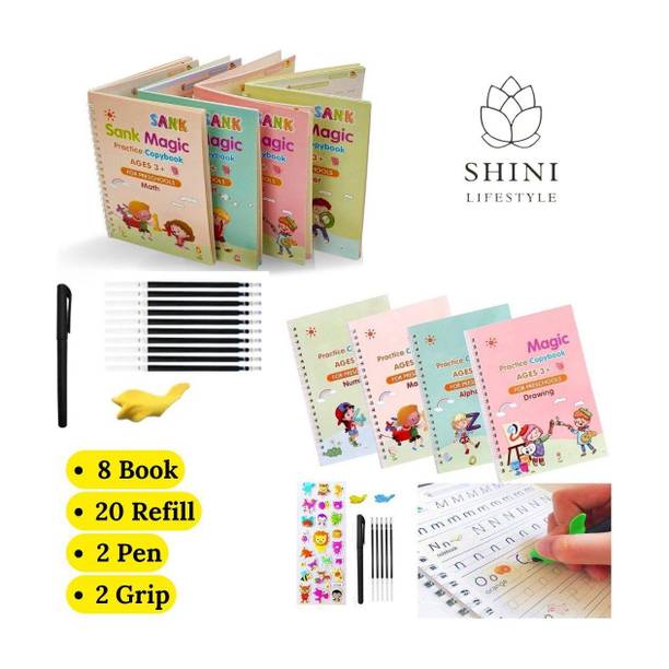 Sank Magic Practice Copybook for Kids Handwriting English Reusable Magical Practice Copybook Kids Tracing Book for Magic Letter Writing Book Set (8 Book + 20 Refile + 2 Pen + 2 Grip)