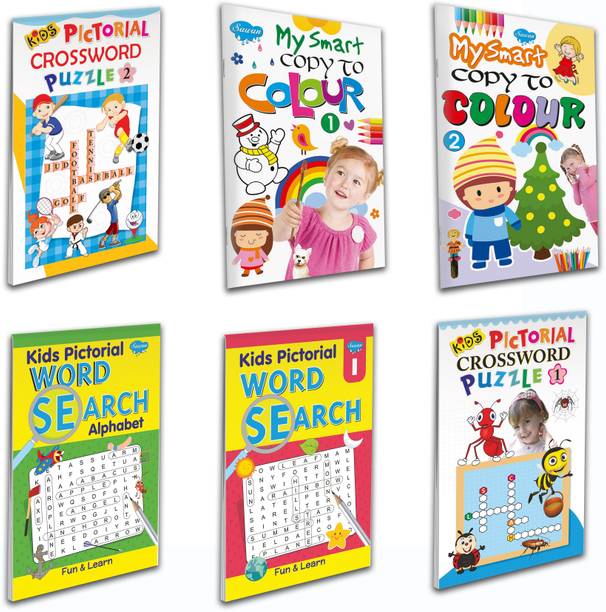 Kids Pictorial Crossword Puzzle-2, My Smart Copy to Colour-2, Pictorial Kids Word Search-1, Alphabet, My Smart Copy to Colour-1 and Kids Pictorial Crossword Puzzle-1 books for kids : Puzzles book for kids, Colouring book for kids, Word search books for kids, Pictorial word search book for kids | Set of 6 books for childrens.