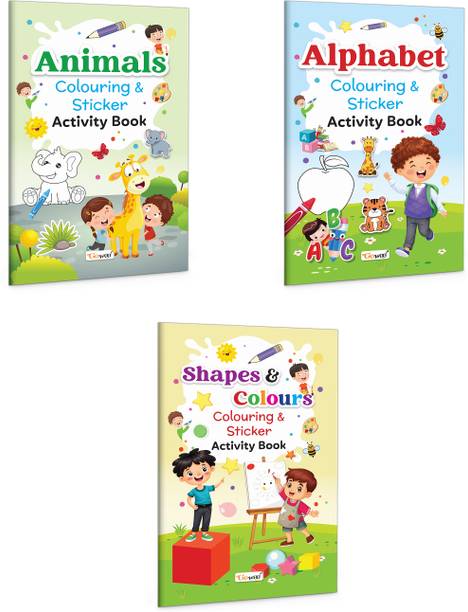 Alphabet, Animals and Shapes & Colours – Colouring & Sticker Activity Book :- creative alphabet tracing workbook, fun animal colouring stickers, shapes and colours activity book | Pack of 3
