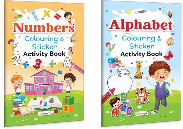 Alphabet & Numbers – Colouring & Sticker Activity Book :- fun alphabet colouring book, number sticker activity workbook, preschool activity practice | Combo of 2