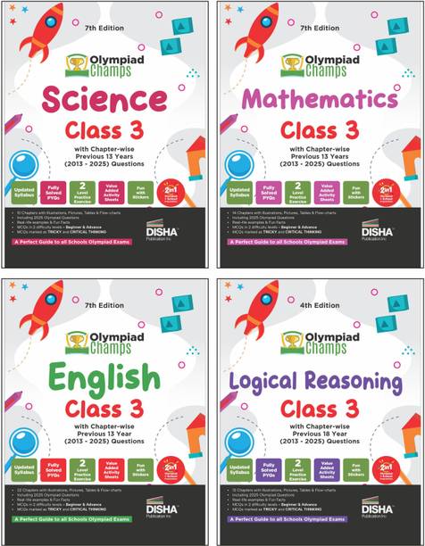 Disha Combo Class 3 (set of 4 books) Olympiad Champs Science, Mathematics, English & Logical Reasoning with Chapter-wise Previous 13 Year (2013 - 2025) Questions 2nd Edition | 2026 - 27 Exam