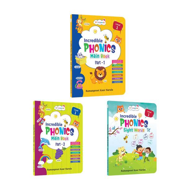 Lil Legends Incredible Phonics Level 1 Main Book Part 1, Part 2 and Sight Words Book | Set of 3 for Age 3-5 Years | Letter Sounds, High Frequency Words and Fun Activities | For Nursery/LKG/