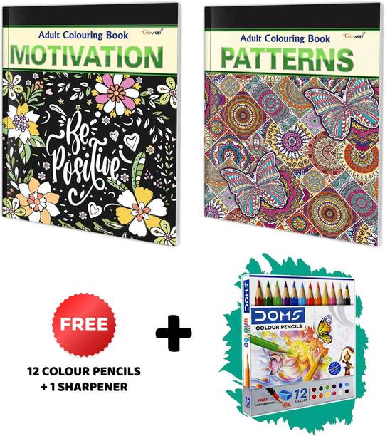 Motivation and Patterns - Adult Colouring Book with 12 Colour Pencils + 1 Sharpener : Creative Coloring for Adults, Mindful Coloring Art, Coloring Book for Adults, Relaxing Art Coloring Book, Adults colouring kit | Pack of 2 Adult colouring books