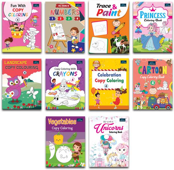 Copy Coloring Books For Kids - Set Of 10 Books - Numbers, Trace & Paint, Princess, Cartoon, Unicorns And Many More