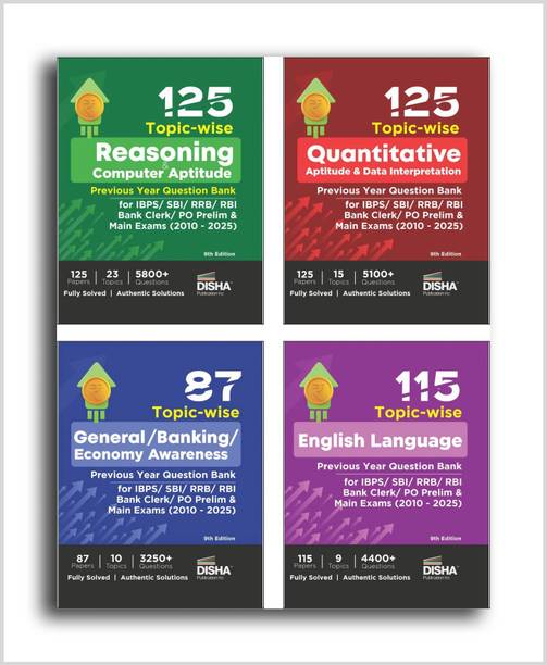 Combo (set of 4 Books) 125 Topic-wise Reasoning/ Quantitative Aptitude/ English/ General Awareness Solved Papers for IBPS/ SBI/ RRB/ RBI Bank Clerk/ PO Prelim & Main Exams (2010 - 25) 9th Edition