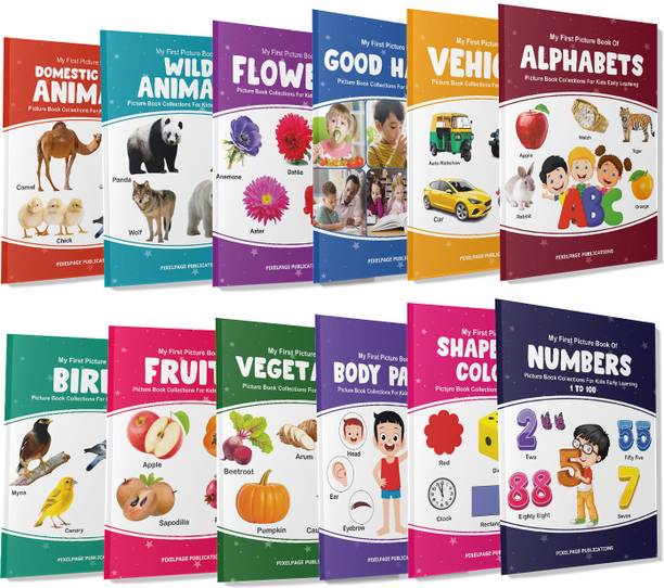 Picture Book collections (set of 12) for kids age 2+ early learning education - Perfect for Homeschooling Kindergarten and Nursery Students- ABC book, Fruits book, Wlid Animal book, Good habits book, Body parts book, Numbers book, Vegetables book, Birds book, Domestic animal book, vehicle book, Flower book, Shapes and colours book