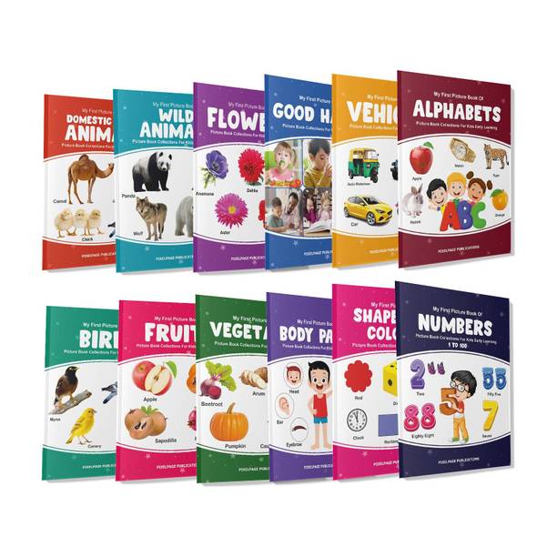 Picture Book collections (set of 12) for kids age 2+ early learning education - Perfect for Homeschooling Kindergarten and Nursery Students- ABC book, Fruits book, Wlid Animal book, Good habits book, Body parts book, Numbers book, Vegetables book, Birds book, Domestic animal book, vehicle book, Flower book, Shapes and colours book