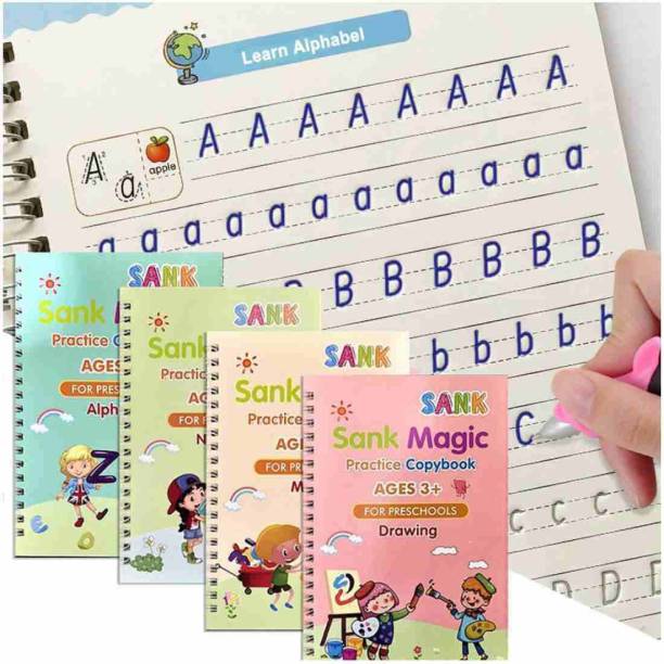 Magic practice book, Magic Book for Kids, Calligraphy Books for Kids, Practice Copybook for Kids English Reusable Magical Copybook Kids Tracing Book, Multicolor  - Magic Calligraphy Books For Kids (4 Books 2 Pen 2 Hand Grip 10 Refill) Self Deleting Reusable Number Tracing Alphabets writing for Kids age 3+
