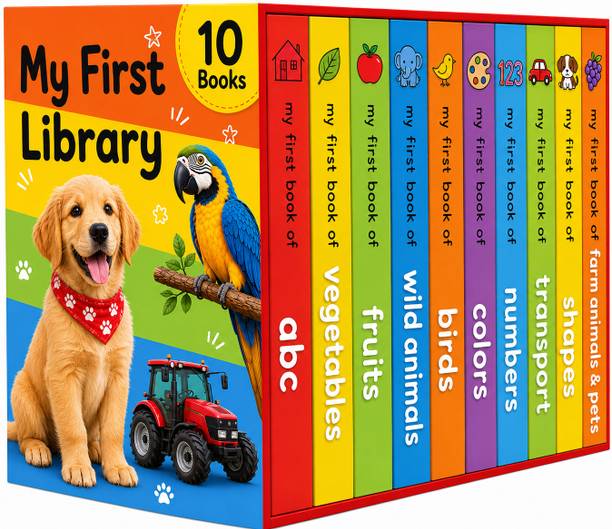 My First Library: Boxset of 10 Board Books for Kids (Pack 1) Includes ABC, Numbers, Shapes, Colors, Wild Animals, Farm Animals & Pets, Birds, Fruits, Vegetables & Transport Ages 0-3 Years  - Early Learning Board Book with 10 Disc