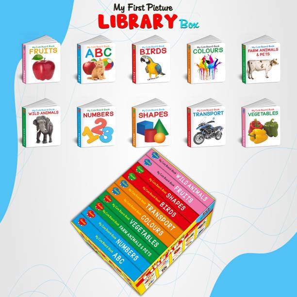 Ukg Class Picture Book Box Set of 10 board books : Board book set for children, Early learning library book, ABC, Numbers, Fruits, Vegetables, Shapes, Colours, Wind Animals, Farm Animals & Pets, Birds, Transport (Board book, Sawan)