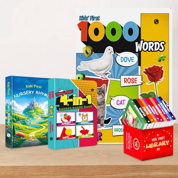 PW Kids' First Library Box Set of 10 Board Books + Kids' First Nursery Rhymes Padded Board Book + Kids' First 4 in 1 Padded Board Book + My First 1000 Words Book l Combo Gift Set of 4