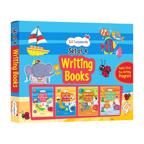 Lil Legends Box Set of 4 Writing Books for Kids | India's First Pre-Writing Program | Patterns, Numbers and Uppercase Tracing, Activities and Vocabulary | For Nursery/LKG/UKG | Age 2�5