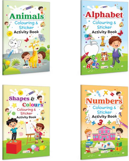 Alphabet, Animal and Shapes & Colours – Colouring & Sticker Activity Book and more :- creative alphabet tracing workbook, fun animal number sticker activity | Set of 4