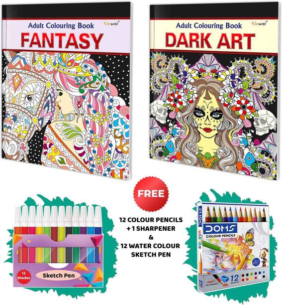 Fantasy and Dark Art - Adult Colouring Book with 12 Water Colour Sketch Pens and 12 Colour Pencils + 1 Sharpener : Art Colouring book for Adults & Kids, Creative Coloring Fun, Mindful Coloring Art, Adults colouring kit | Pack of 2 Adult colouring books