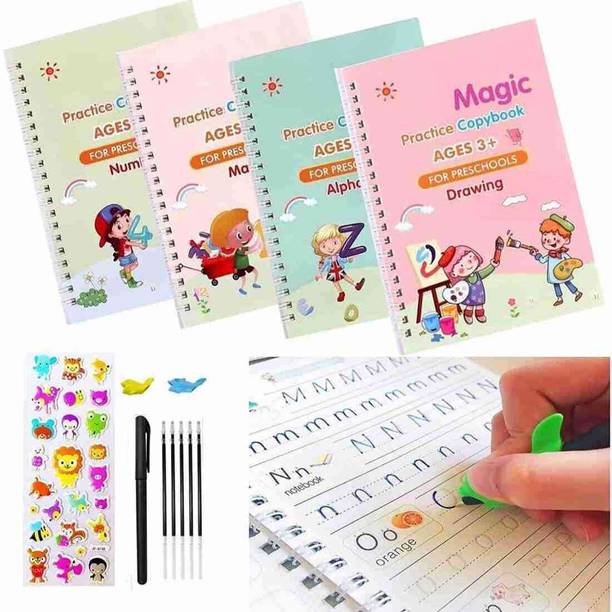 Magic practice book, Magic Book for Kids, Calligraphy Books for Kids, Practice Copybook for Kids English Reusable Magical Copybook Kids Tracing Book, Multicolor  - Magic Calligraphy Books For Kids (4 Books 1 Pen 1 Hand Grip 10 Refill) Self Deleting Reusable Number Tracing Alphabets writing for Kids age 3+