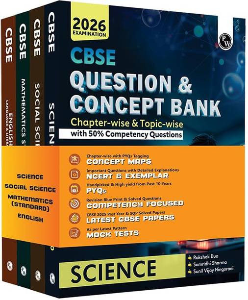 PW CBSE Question & Concept Bank (QCB) Class 10 Mathematics (Standard), Science, Social Science, English Combo Set of 4 Books Chapterwise & Topicwise Solved Questions For 2026 Exams