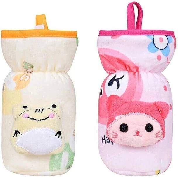 Lilz caress Newborn High Quality Daily use attractive Teddy Soft Imported Fabric Bottle Cover (125-150 ML) - Pack of 2 (Multicolor)