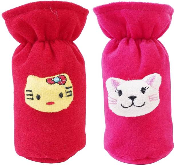 Da Anushi Soft Plush Stretchable Baby Feeding Bottle Cover Easy to Hold Strap With Cute Animated Cartoon|Suitable for 60-125 Ml Feeding Bottle(Dark Pink-Dark Red)