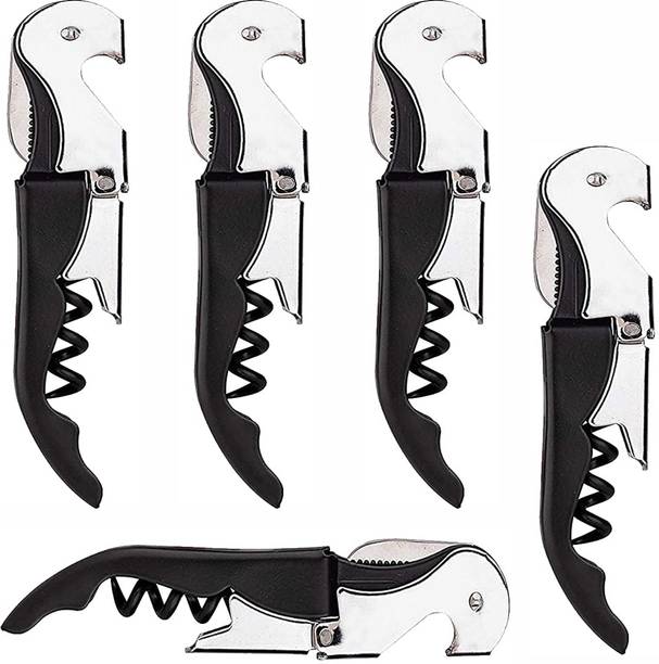 Onbicle Wine Opener 5pc Stainless Steel Wine Cork Screw, Sommelier Knife for Kitchen, Bar or Restaurant Black Bottle Opener