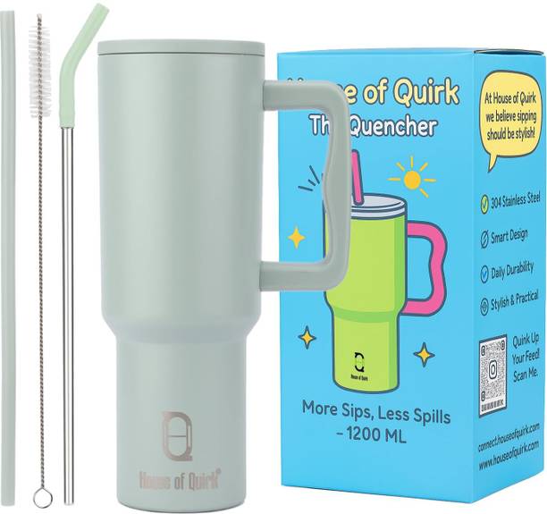 HOUSE OF QUIRK 1200ML Stainless Steel Tumbler Hot and Cold with Handle and Lid 2 Straw 1200 ml Steel Bottle