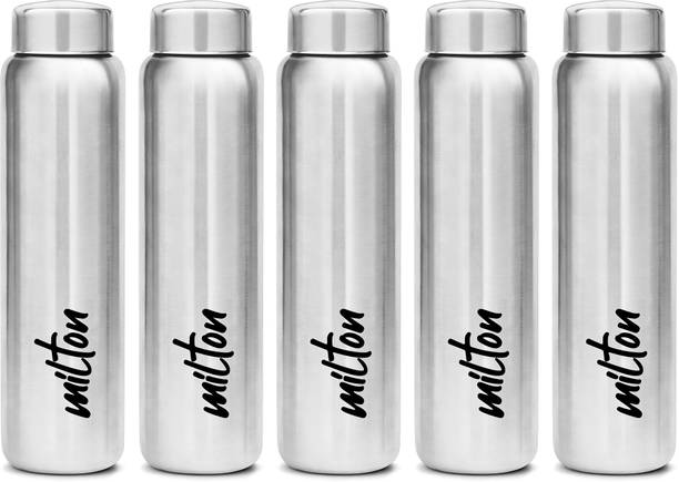 MILTON Aqua 1000 Stainless Steel Water Bottle, Set of 5, 950 ml Each, Silver 950 ml Steel Bottle Pack of 5, Silver
