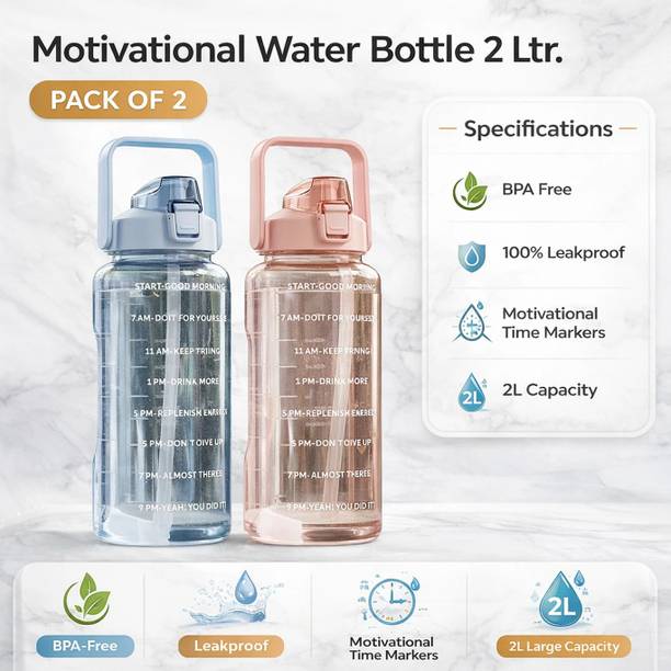 FKMXL 2L Motivational Water Bottle with Time Marker & Straw 2000 ml Plastic Bottle