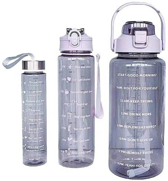 REVATAKG 3 Pcs Transparent Water Bottle 2000, 800, 300ML Motivational Time Marker & Straw 2000 ml Bottle