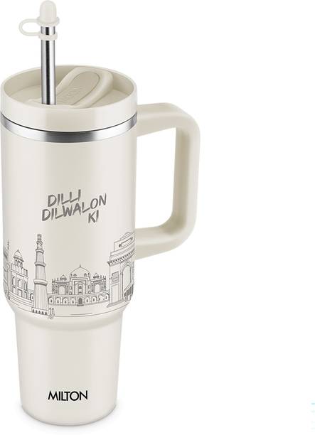 मिल्टन Malmo 1200 Thermosteel Vacuum Insulated Tumbler 1100 ml Handle Straw Delhi Beige स्टेनलेस स्टील मग