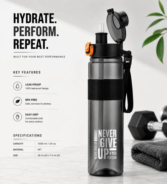 UPSILON Plastic 1 Litre Grip Sports Water Bottle School, Office, Gym Plastic (BLACK-1) 1000 ml PET, Plastic Sipper
