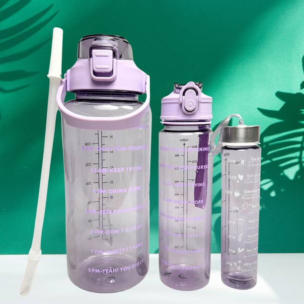 Virtuous Set of 3 Plastic Transparent Water Bottle with Straw for Men-Women-Youth-Gym 2000 ml