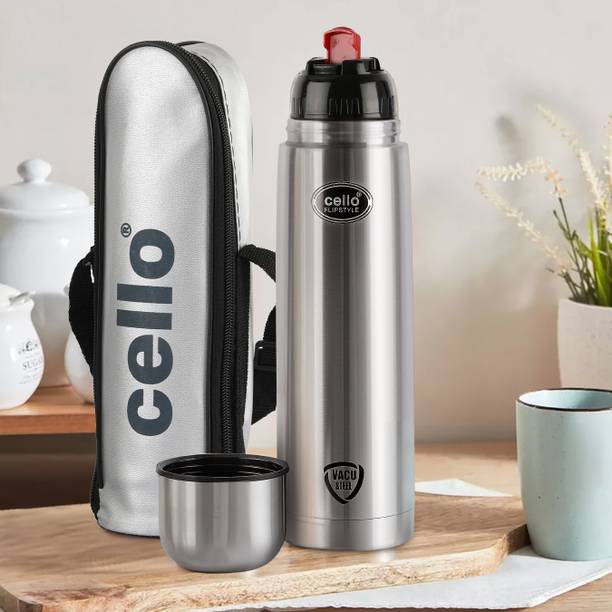 cello Flipstyle Pro Stainless Steel with Jacket | Flip lid with cup | Leakproof 890 ml