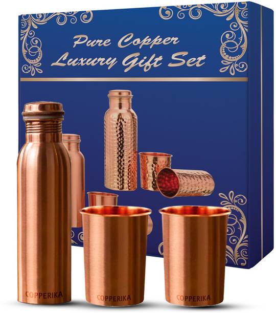 Copperika Essential Gift Set Copper Water Bottle With 2 Glass 1350 ml Bottle With Drinking Glass