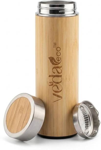 VEDAeco Bamboo Water Bottle Stainless Steel Eco Friendly Bottle with Natural Bamboo 450 ml Bamboo, Stainless Steel Bottle
