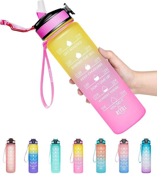 Anzal Unbreakable Sipper Straw 1L Drinking Water Bottle with Motivational Time Marker 1000 ml Bottle